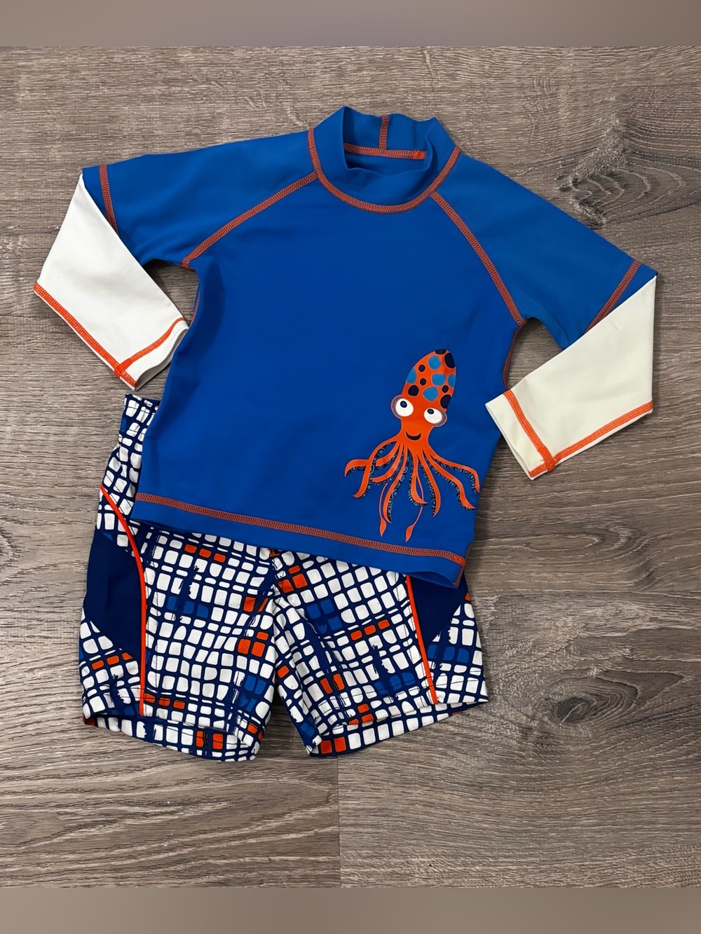 REI Blue, White & Orange Kids Octopus Swim Set Rashguard 18M Trunks 12M